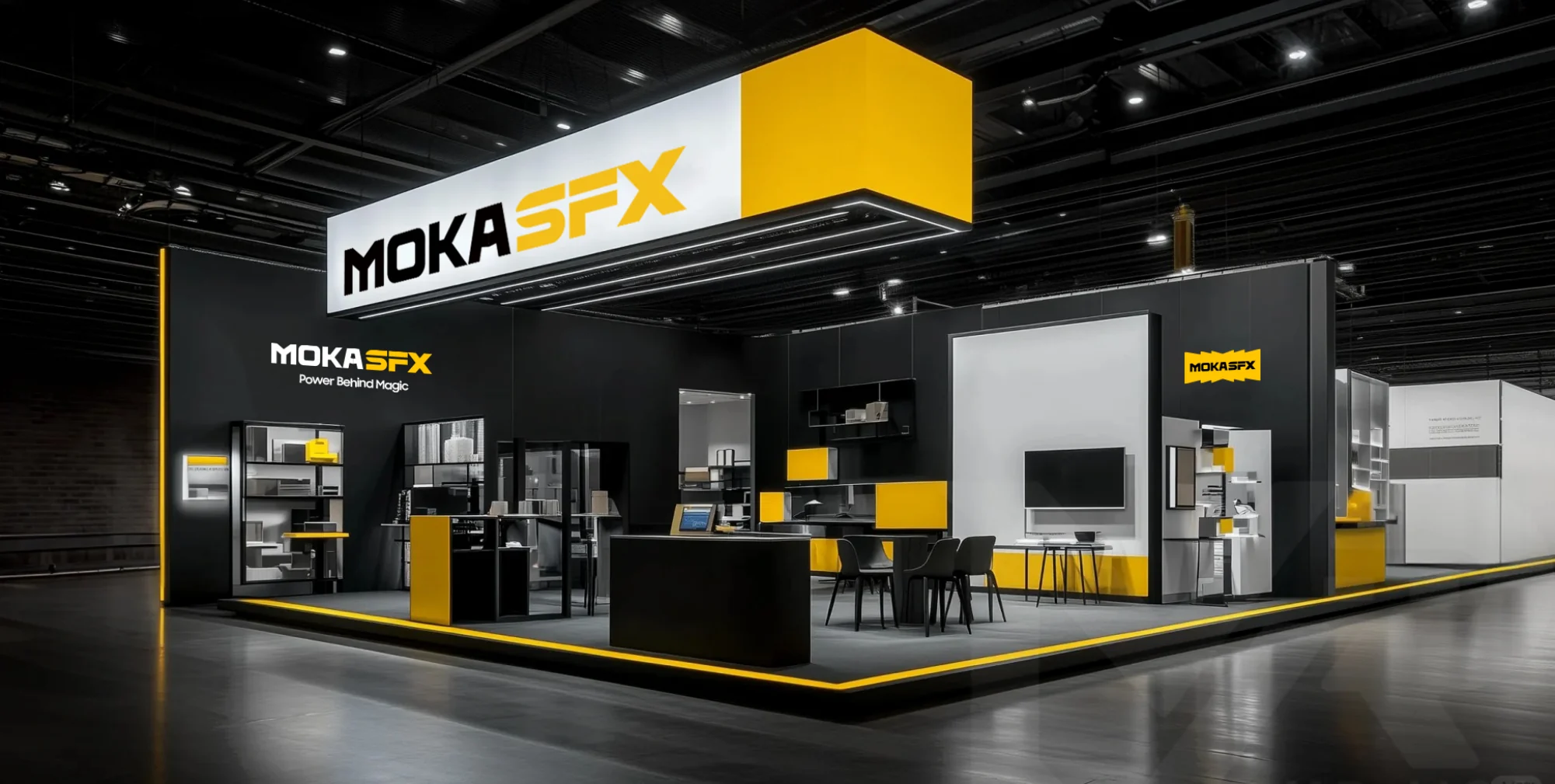 MokaSFX Logo 在展会场景中的应用效果图，方案 A
